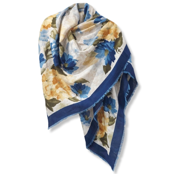 DANIEL LAURENT Floral Blue Yellow Scarf, 100% Viscose, Soft, Frayed Trim, Nwot - Picture 1 of 14